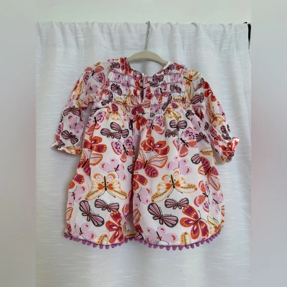 Peek Baby Girl Butterfly Print Smocked Dress Pink Orange Long Sleeve Size 6-12M - Picture 7 of 10